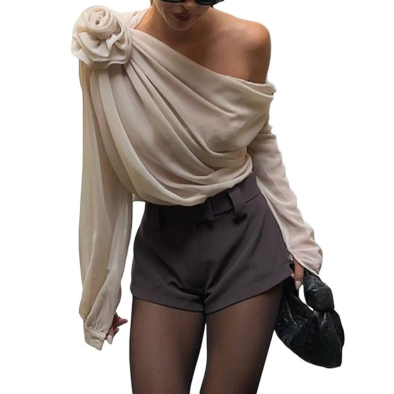 Women's Off Shoulder Tops Elegant Long Sleeve Asymmetrical Neck Ruched Chiffon Blouse Shirts Going Out Top Y2k Shirts