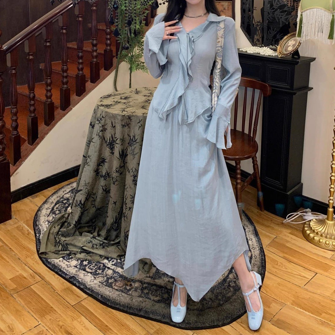 French Vintage Ruffled Long Sleeve Shirt Outfit