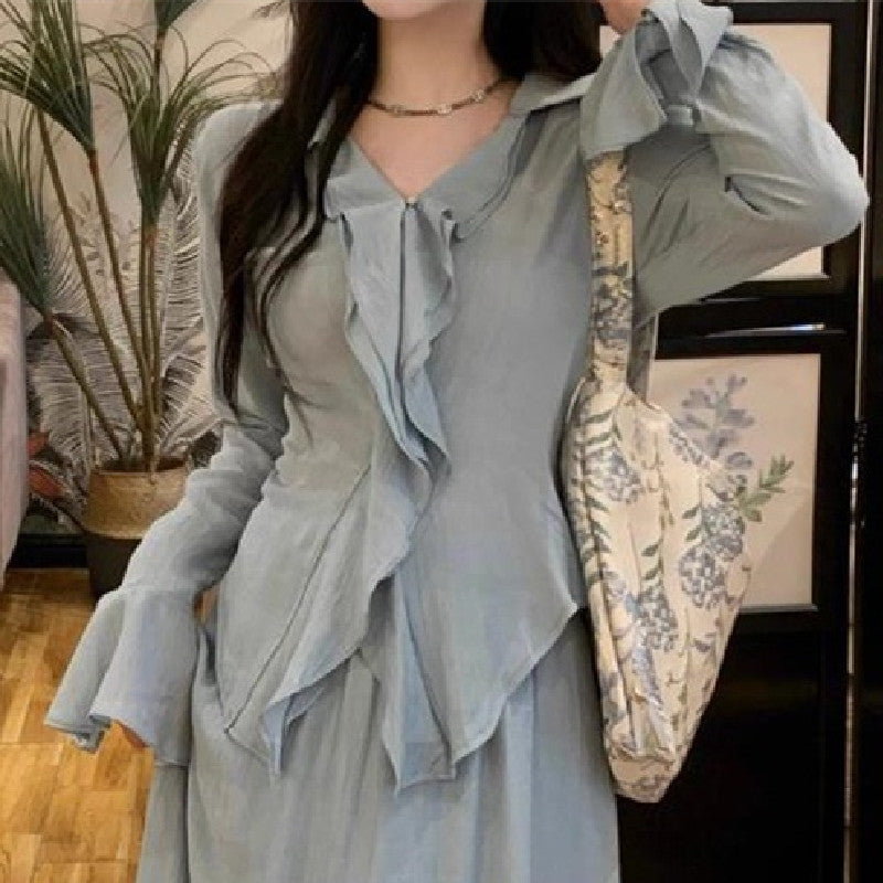 French Vintage Ruffled Long Sleeve Shirt Outfit