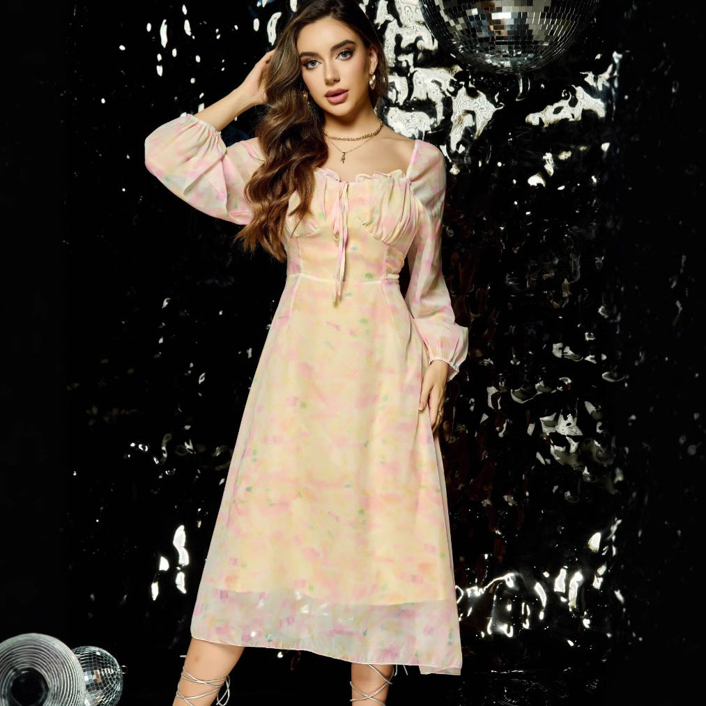 Exquisite Retro Long Sleeve Floral Fairy Dress High-end Sense