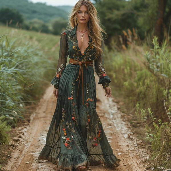 Retro Pastoral Style V-neck Long-sleeve Dress