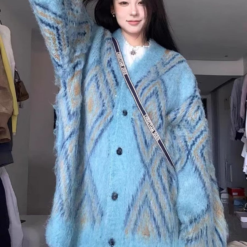 Autumn Winter Retro Long Wool Knitted Cardigan Women's Retro Loose