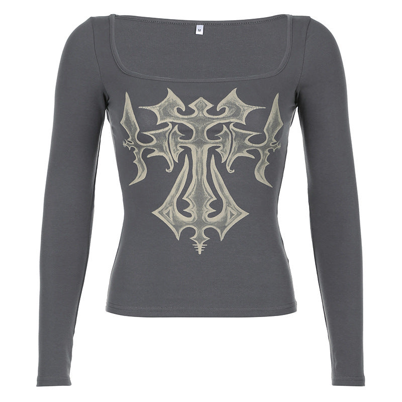American Retro Printed Square-cut Collar Slim-fit Long Sleeve