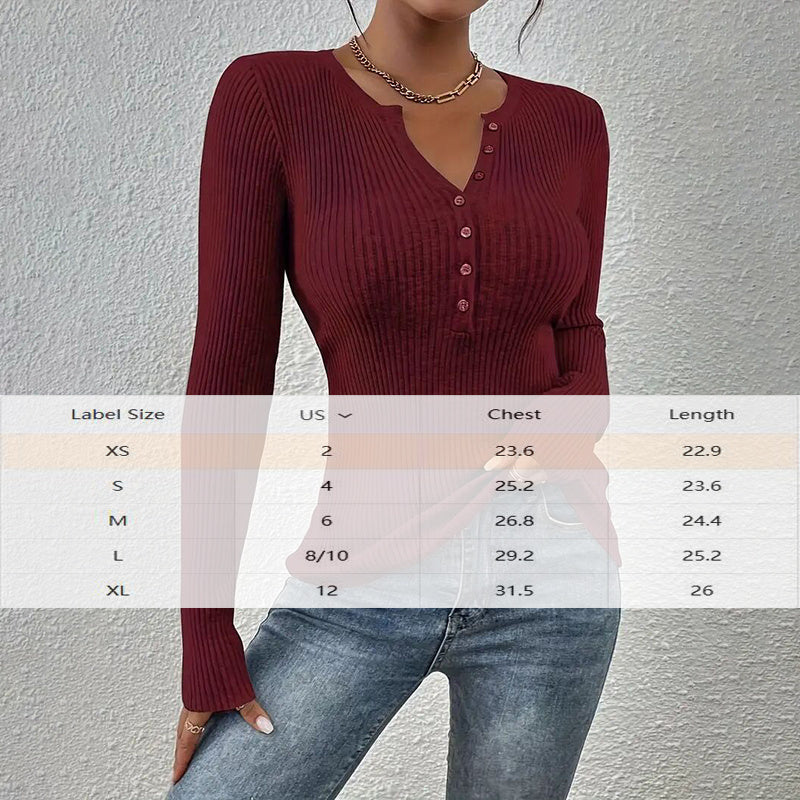 Women's Elegant V-Neck Button Detail Knit Sweater - Long Sleeve Solid Color Casual Pullover For Fall&SpringTop
