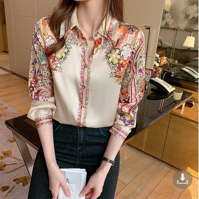 Retro Positioning Printed Top Satin Long Sleeve Shirt
