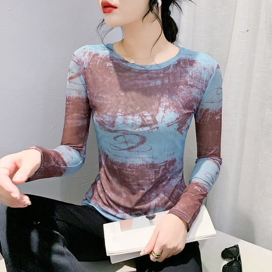 Fall Winter Fashion Voile Printed Long Sleeve Round Neck Slim Fit
