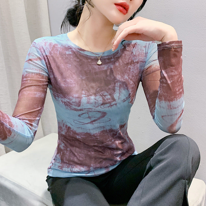 Fall Winter Fashion Voile Printed Long Sleeve Round Neck Slim Fit