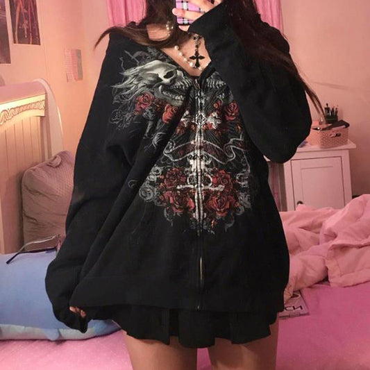 90s Vintage Skulls Print Black Sweatshirt Zipper Long Sleeve