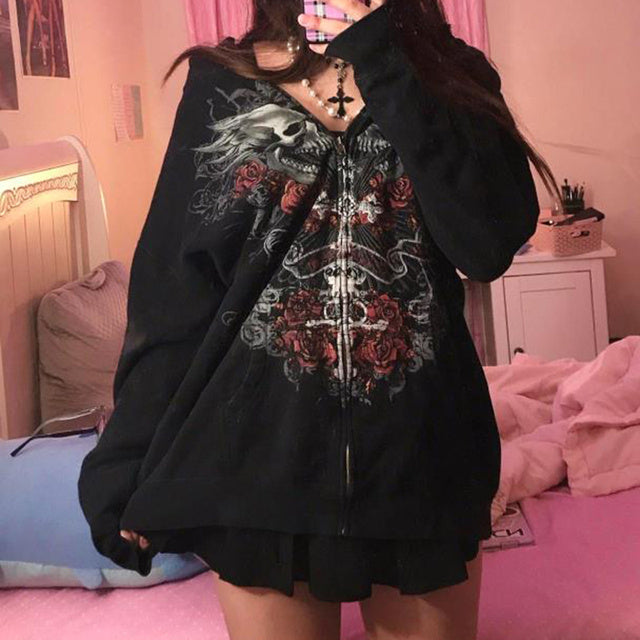 90s Vintage Skulls Print Black Sweatshirt Zipper Long Sleeve