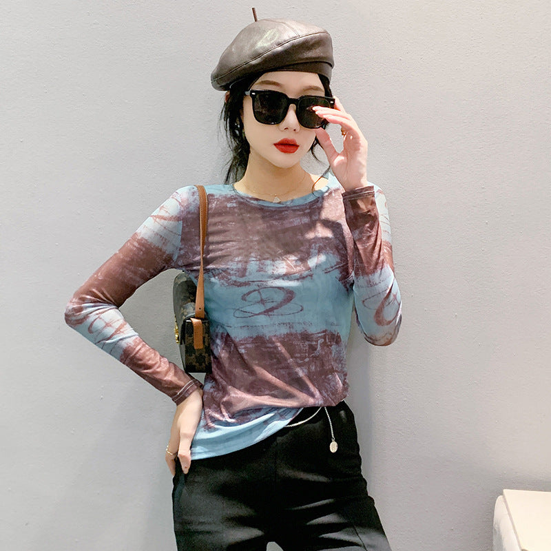 Fall Winter Fashion Voile Printed Long Sleeve Round Neck Slim Fit