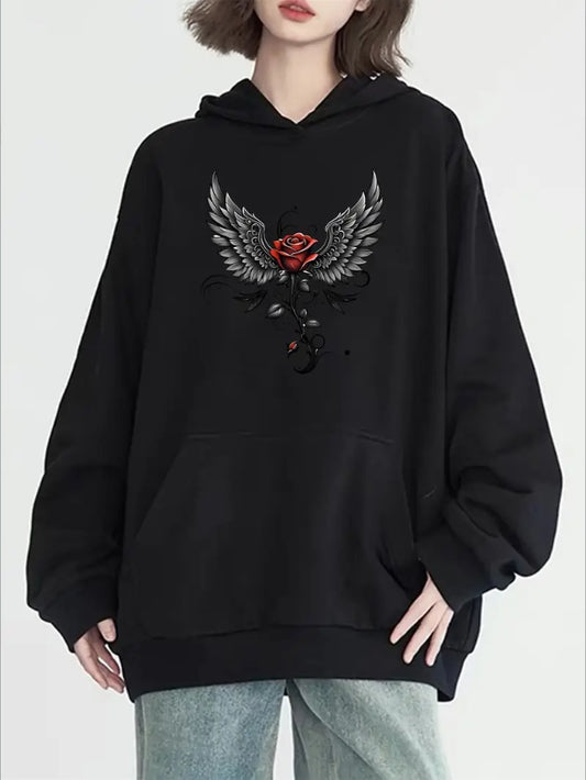 Women's Long Sleeve Hooded Pocket Sweatshirt Casual Sports Rose Wing Print Graphic, Women's Sportswear & Clothing