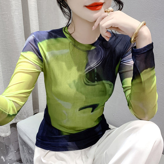Fall Winter Fashion Voile Printing Long Sleeve Round Neck Top