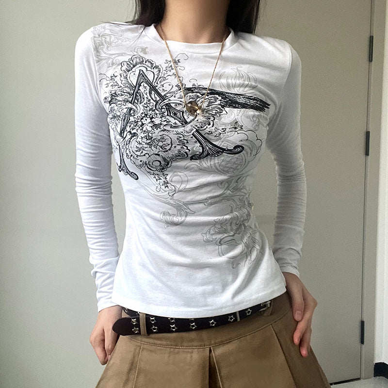 New Personalized Retro Printed Round Neck Long Sleeve T-shirt For Women