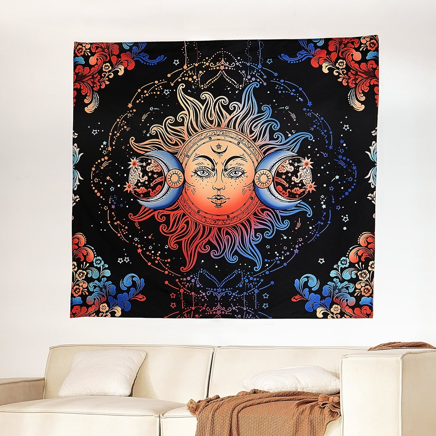 Sun And Moon Tapestry Psychedelic Mystic Floral Aesthetic Vintage Tapestry