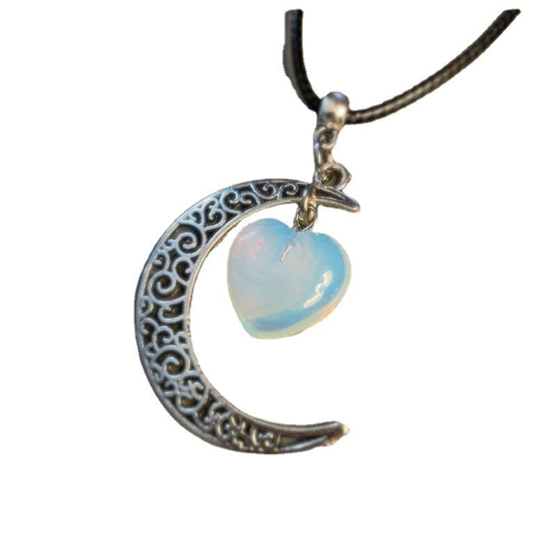 Jewelry Heart Stone Crystal Necklace Retro Moon