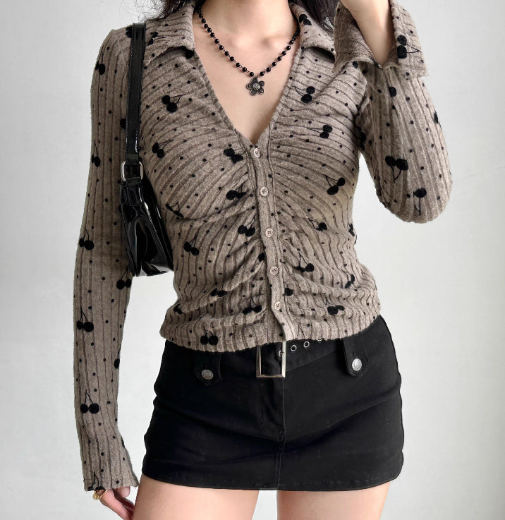 American Retro Cherry Embroidery Lapel Knit Cardigan Slim Fit Long Sleeved Top