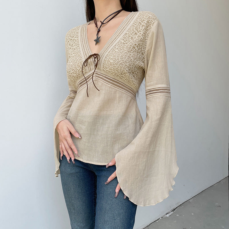 Ethnic Style Retro Plaid V-neck Lace-up Mesh Flared Long Sleeve Shirt