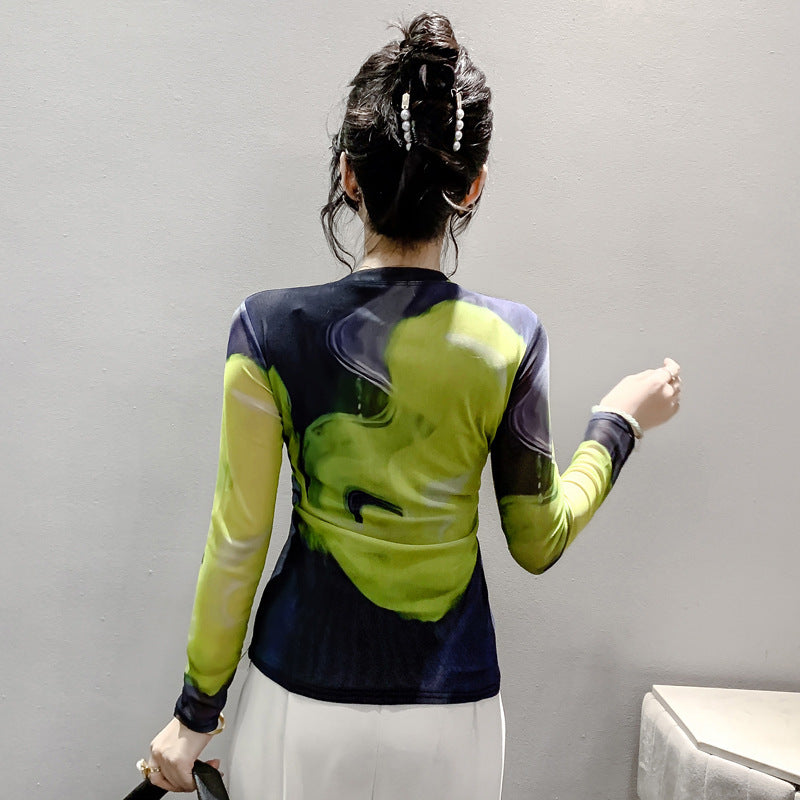 Fall Winter Fashion Voile Printing Long Sleeve Round Neck Top