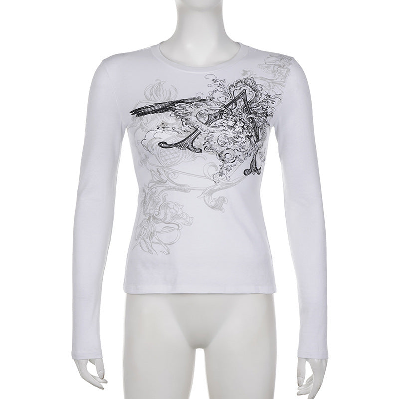 New Personalized Retro Printed Round Neck Long Sleeve T-shirt For Women