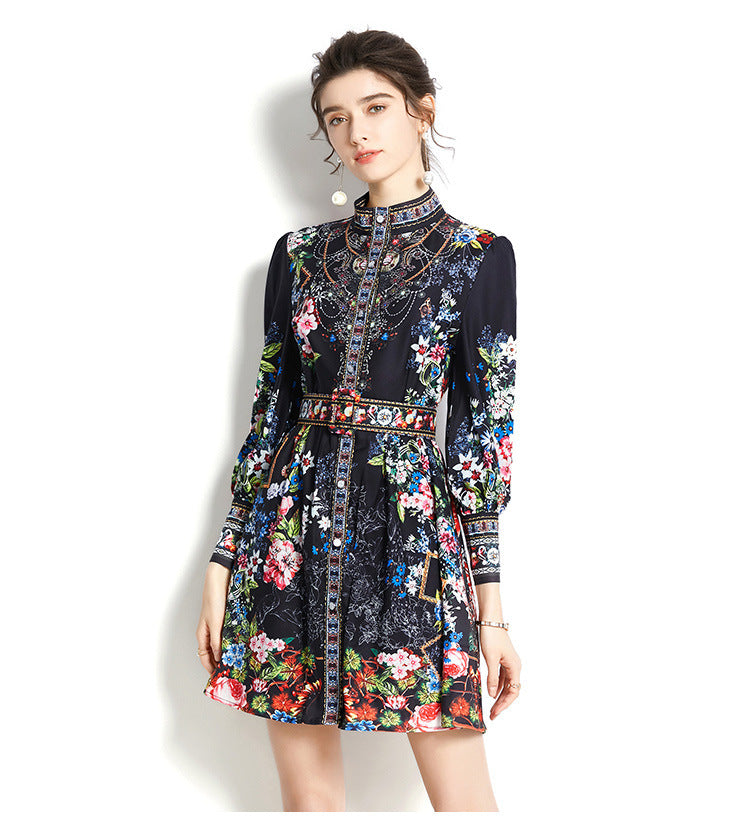 Retro Printed Stand Collar Long Sleeve Slim-fit Short Dress