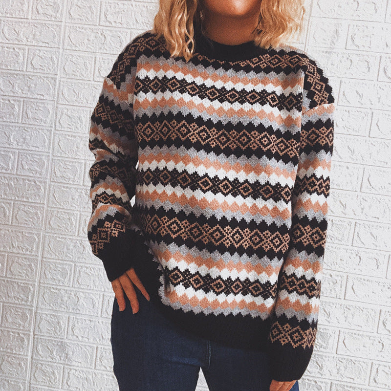 Retro Pattern Round Neck Long Sleeve Knitted Pullover Sweater