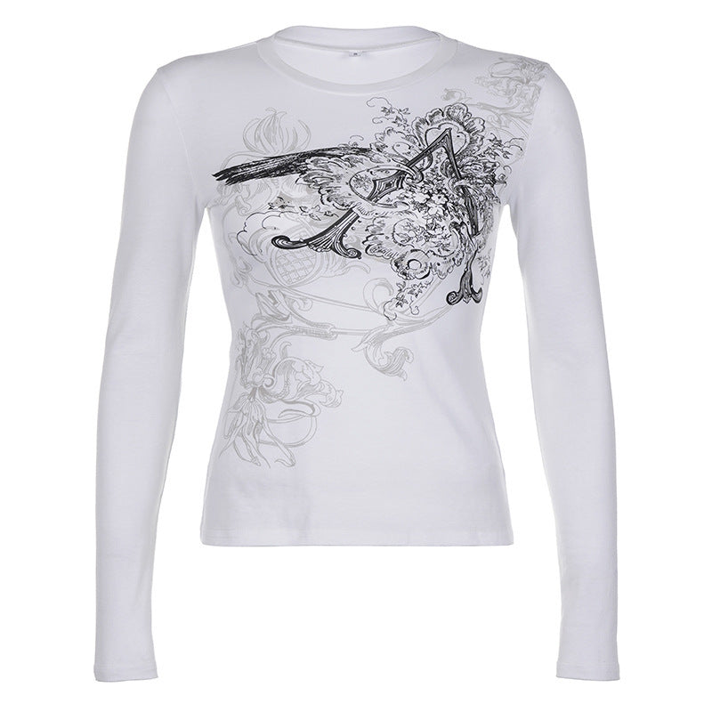 New Personalized Retro Printed Round Neck Long Sleeve T-shirt For Women