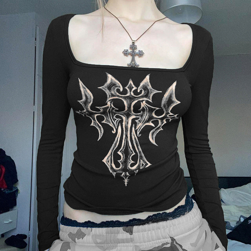 American Retro Printed Square-cut Collar Slim-fit Long Sleeve