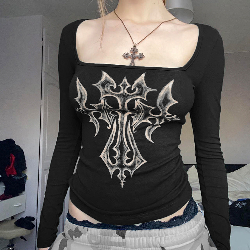 American Retro Printed Square-cut Collar Slim-fit Long Sleeve