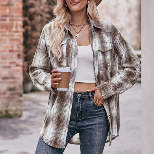 Women's Autumn Winter Coat Casual Fashion Loose Plaid Shirt