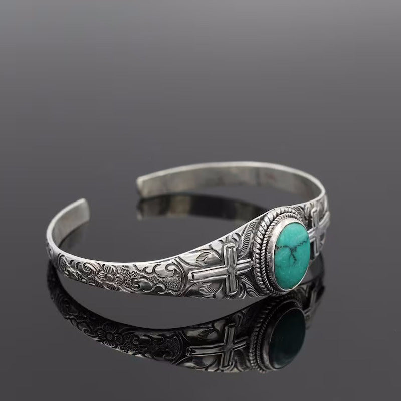 Vintage Carved Cross Turquoise Bracelet