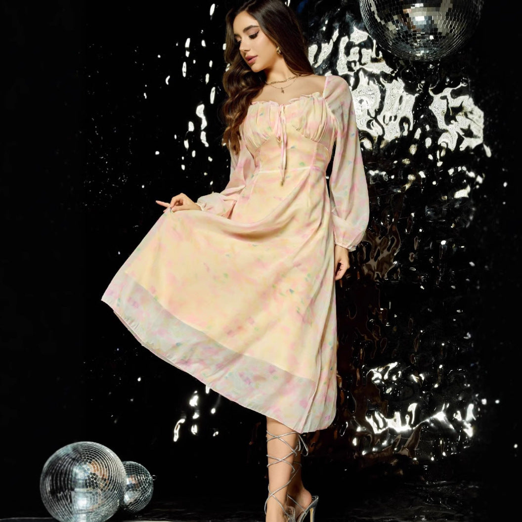 Exquisite Retro Long Sleeve Floral Fairy Dress High-end Sense