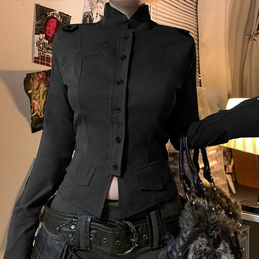 Black Pleated Button Up